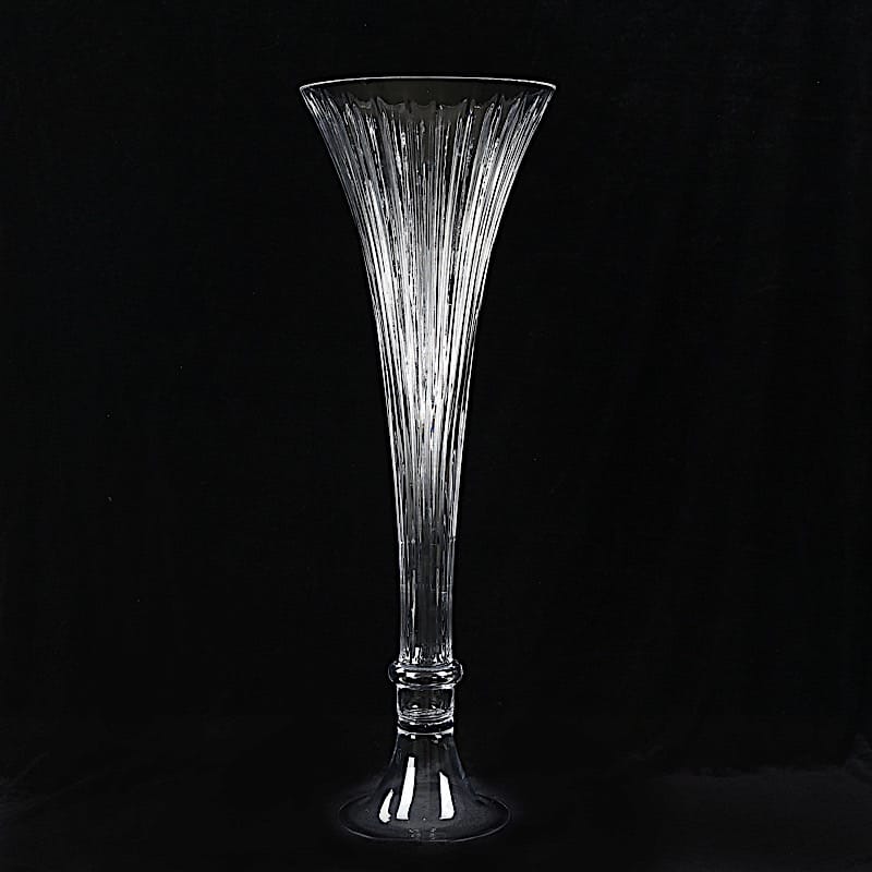 2 Clear Fluted Tall Reversible Ribbed Glass Trumpet Vases