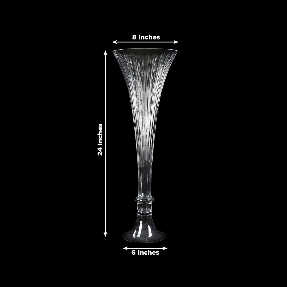 2 Clear Fluted Tall Reversible Ribbed Glass Trumpet Vases