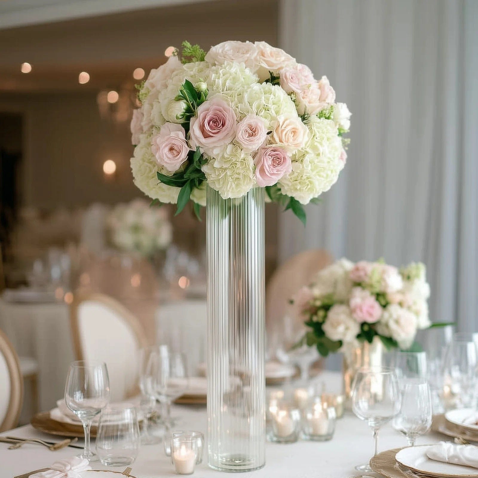 2 Clear Ribbed Cylinder Glass Vases Centerpieces