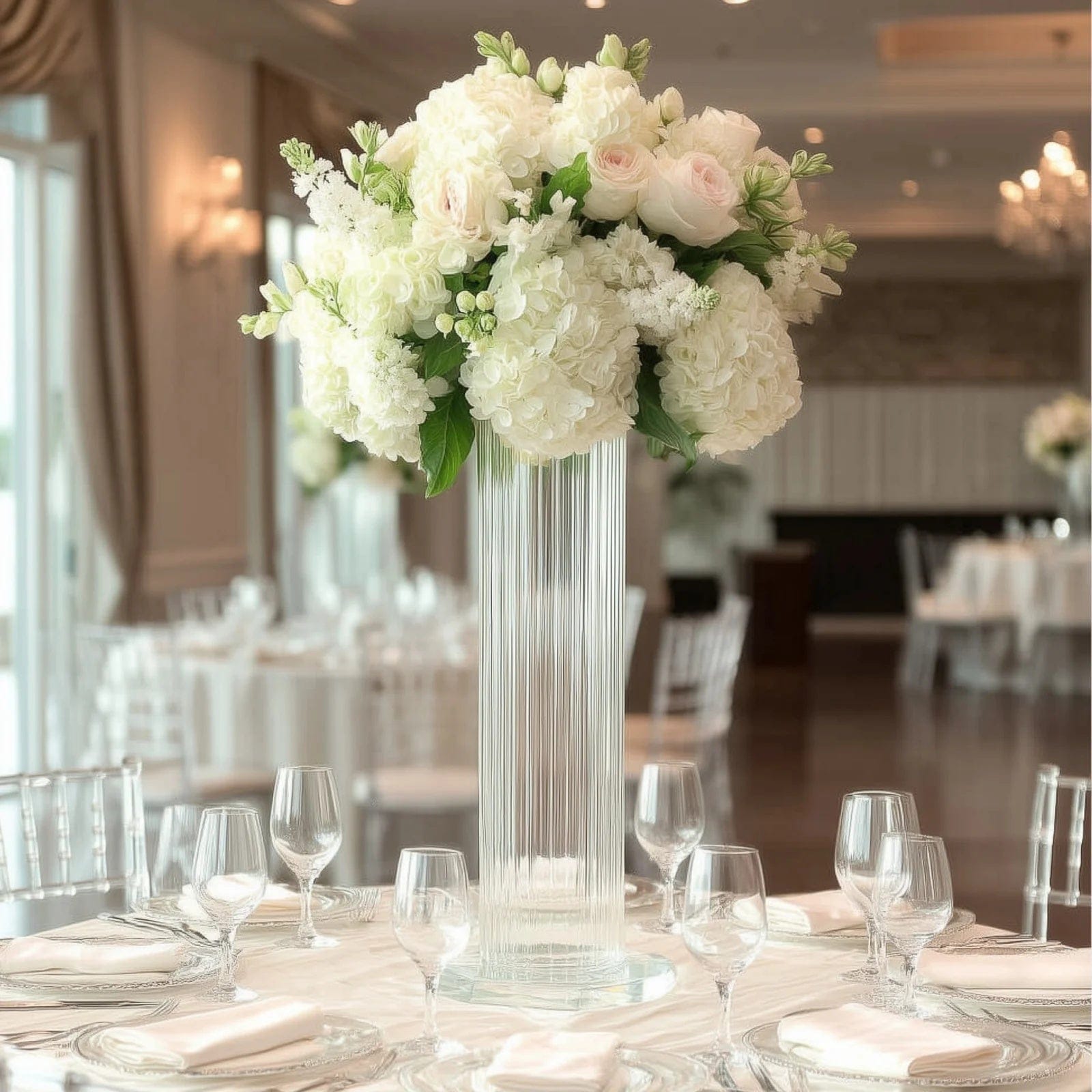 2 Clear Ribbed Cylinder Glass Vases Centerpieces