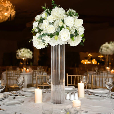 2 Clear Ribbed Cylinder Glass Vases Centerpieces