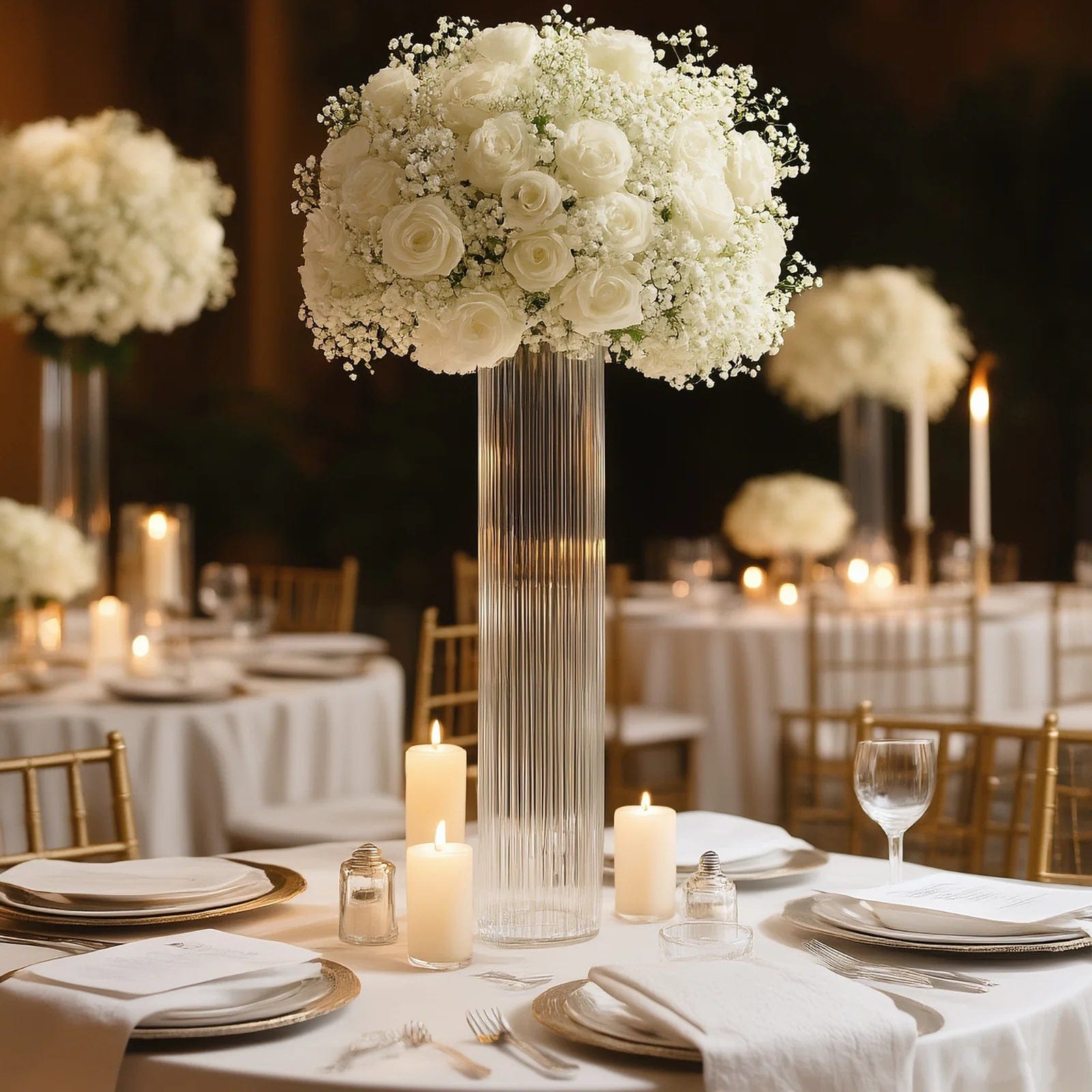 2 Clear Ribbed Cylinder Glass Vases Centerpieces