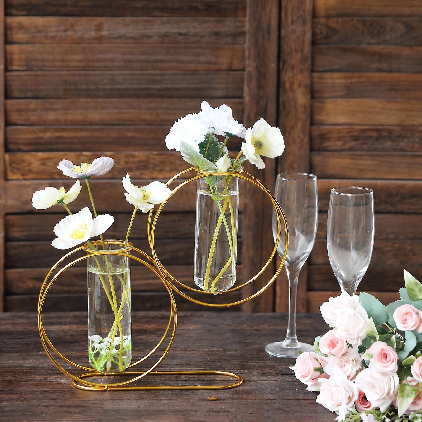 2 Gold 10 in Metal Geometric Double Ring Flower Vases with Clear Glass Tubes