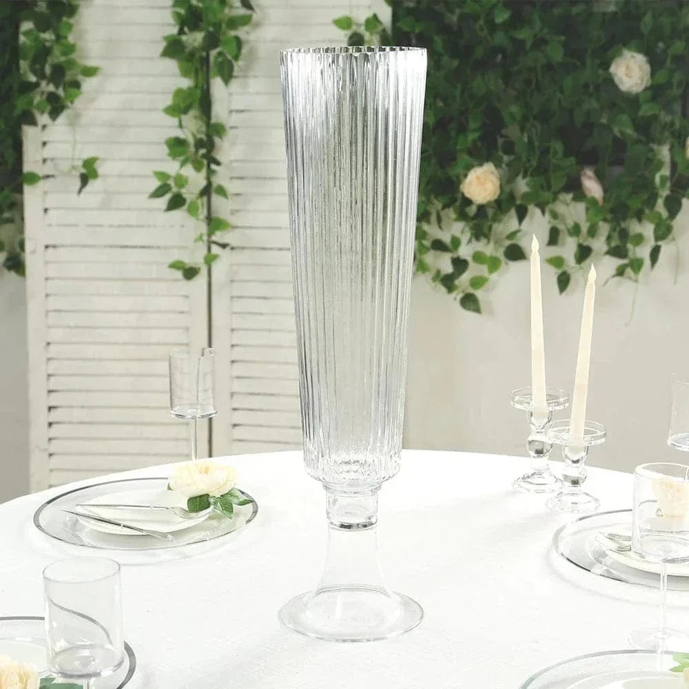 2 pcs Clear 32 in Glass Trumpet Vases Ribbed Design