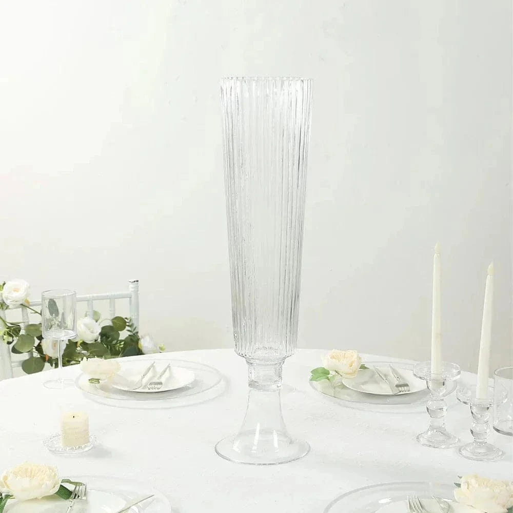2 pcs Clear 32 in Glass Trumpet Vases Ribbed Design