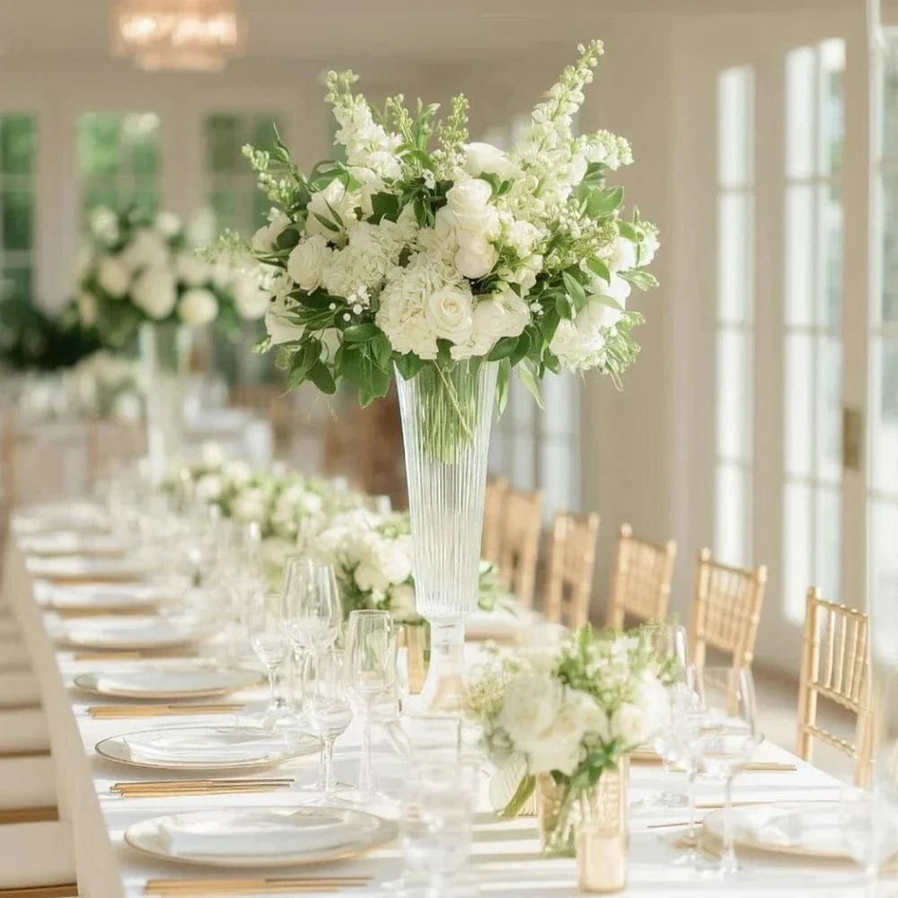 2 pcs Clear 32 in Glass Trumpet Vases Ribbed Design