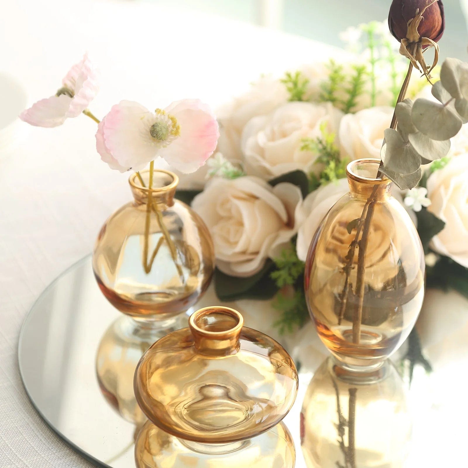 3 Clear Small Glass Flower Vases with Metallic Gold Trim Table Centerpieces