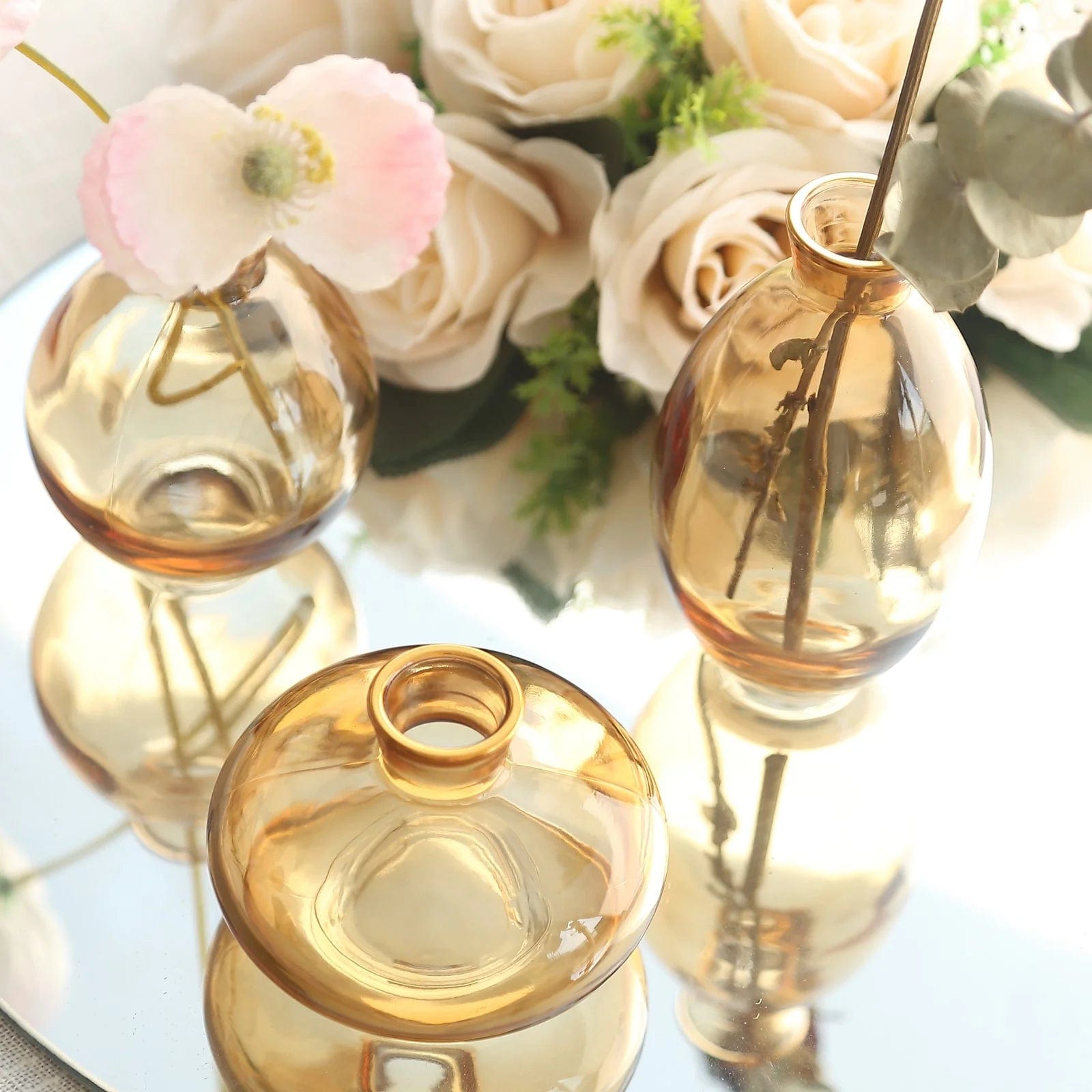 3 Clear Small Glass Flower Vases with Metallic Gold Trim Table Centerpieces