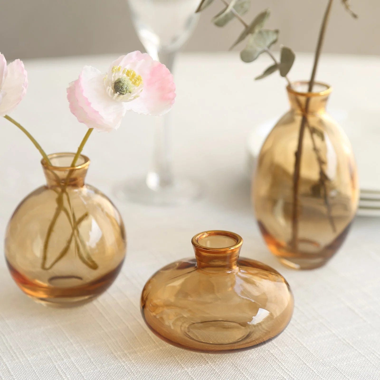 3 Clear Small Glass Flower Vases with Metallic Gold Trim Table Centerpieces
