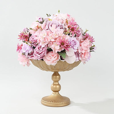 4 Gold Metal Compote Pedestal Bowl Flower Vases in Vintage Floral Pattern