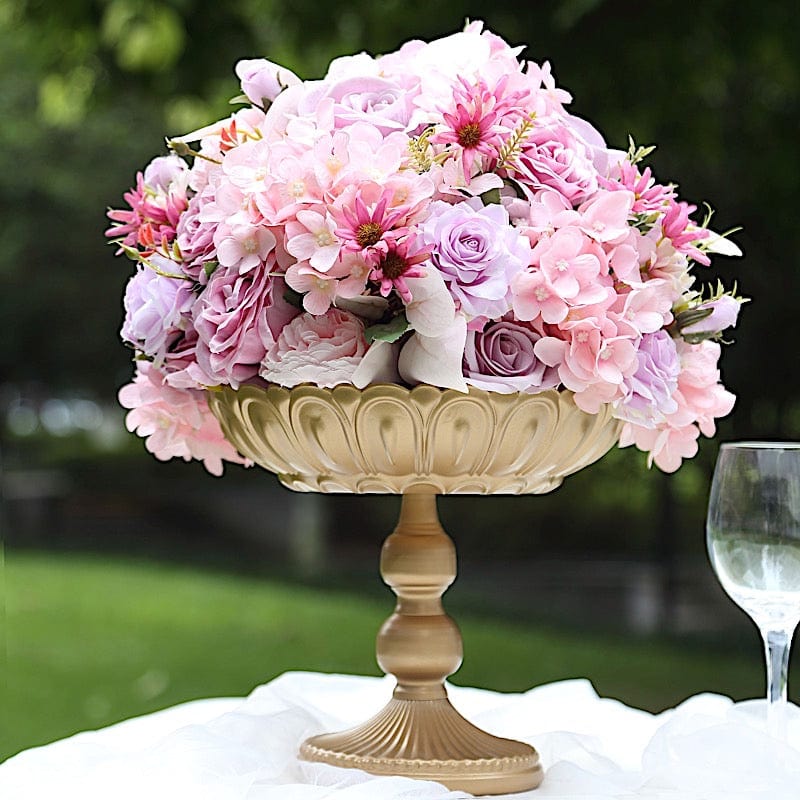 4 Gold Metal Compote Pedestal Bowl Flower Vases in Vintage Floral Pattern