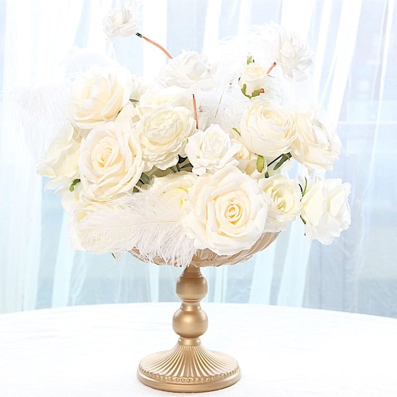 4 Gold Metal Compote Pedestal Bowl Flower Vases in Vintage Floral Pattern