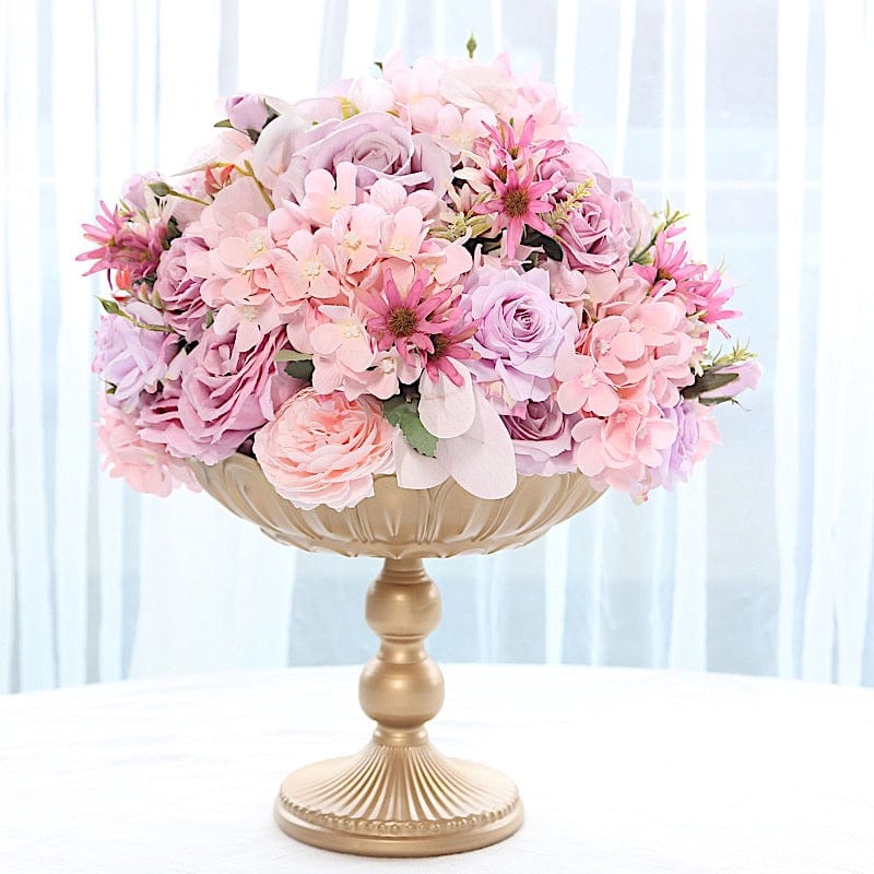 4 Gold Metal Compote Pedestal Bowl Flower Vases in Vintage Floral Pattern