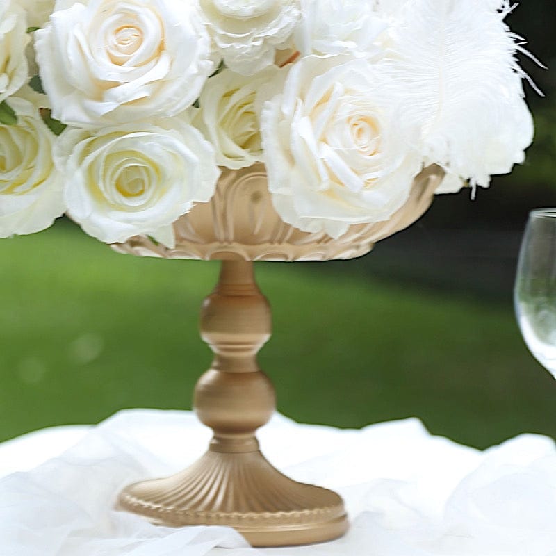 4 Gold Metal Compote Pedestal Bowl Flower Vases in Vintage Floral Pattern
