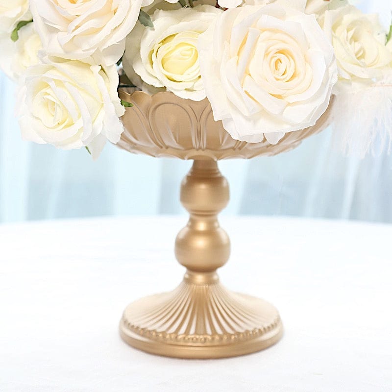 4 Gold Metal Compote Pedestal Bowl Flower Vases in Vintage Floral Pattern