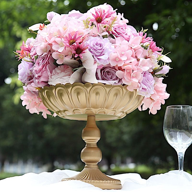 4 Gold Metal Compote Pedestal Bowl Flower Vases in Vintage Floral Pattern