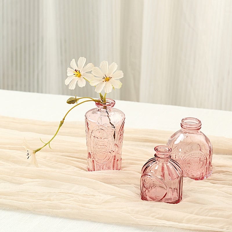 6 Amber Gold Glass Flower Vases with Embossed Vintage Design