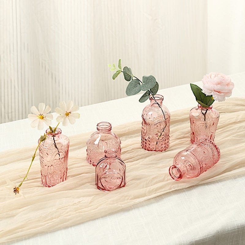 6 Amber Gold Glass Flower Vases with Embossed Vintage Design