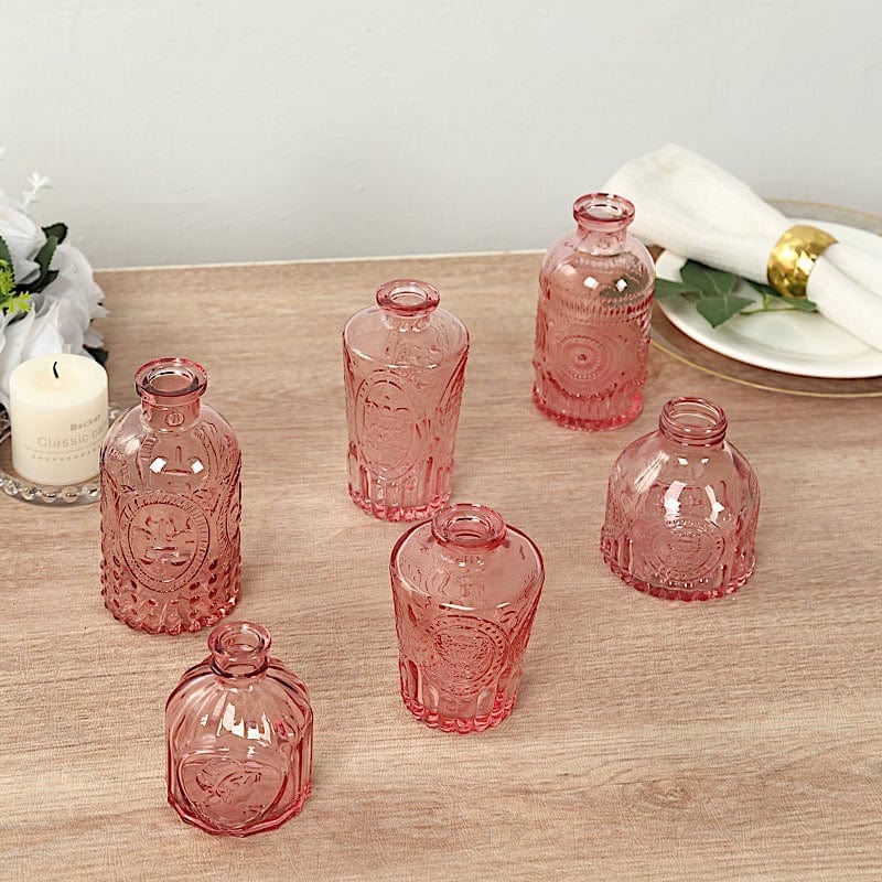 6 Amber Gold Glass Flower Vases with Embossed Vintage Design