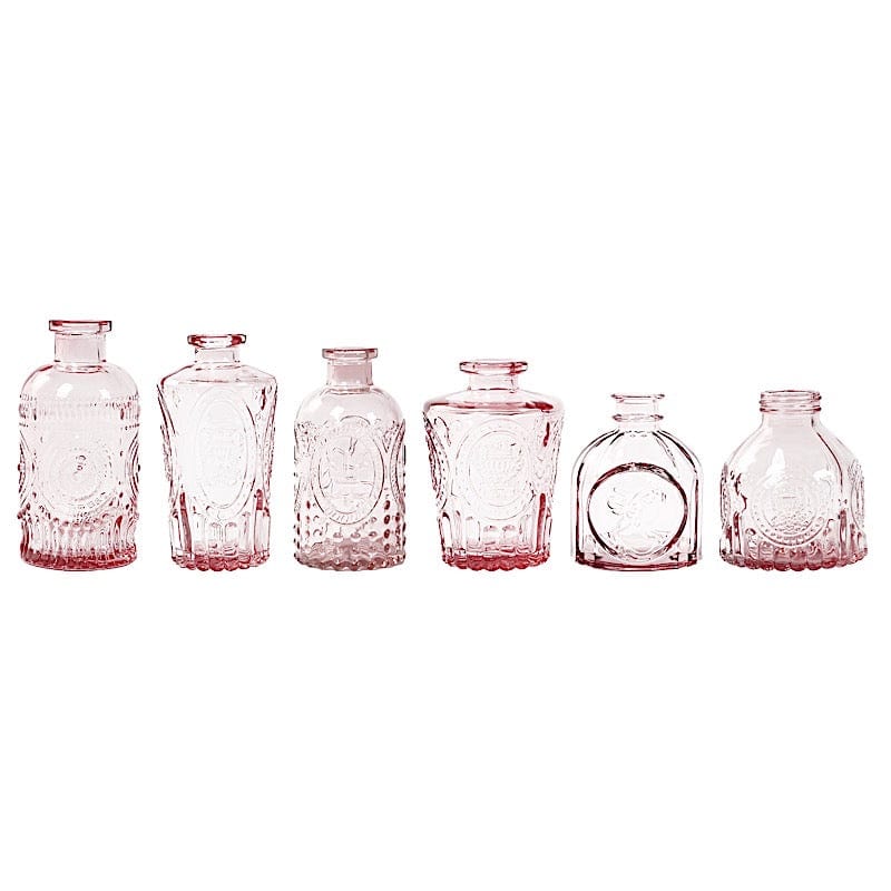 6 Amber Gold Glass Flower Vases with Embossed Vintage Design