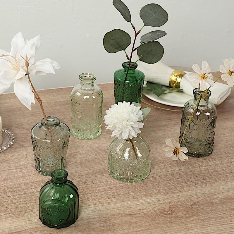 6 Amber Gold Glass Flower Vases with Embossed Vintage Design