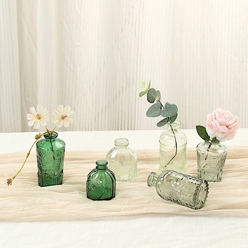 6 Amber Gold Glass Flower Vases with Embossed Vintage Design