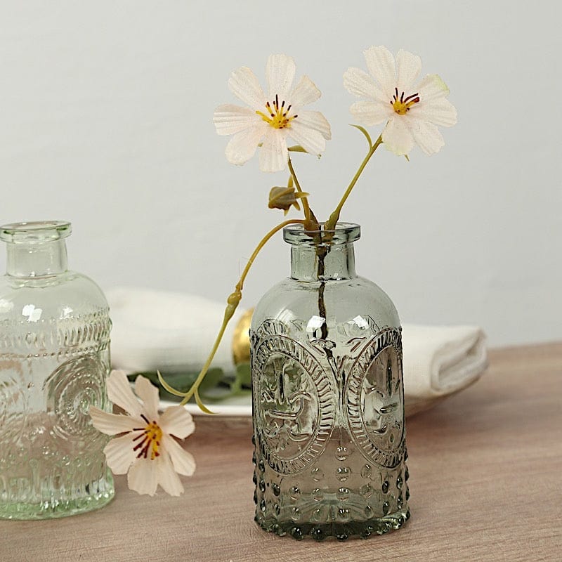 6 Amber Gold Glass Flower Vases with Embossed Vintage Design