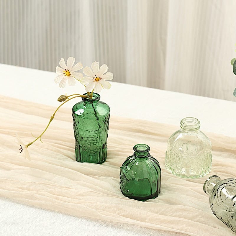 6 Amber Gold Glass Flower Vases with Embossed Vintage Design