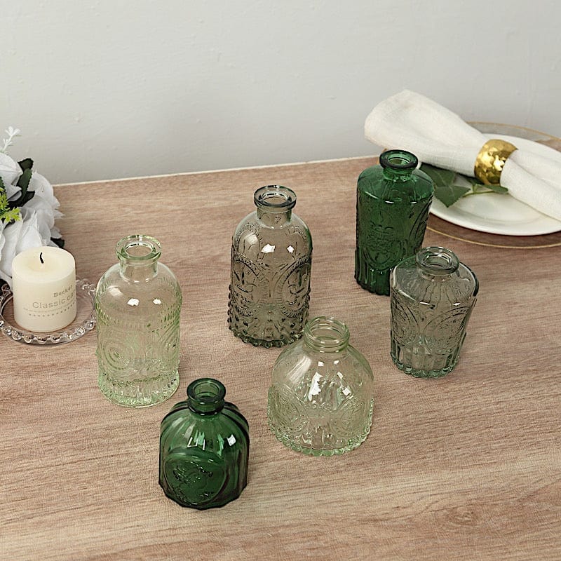 6 Amber Gold Glass Flower Vases with Embossed Vintage Design