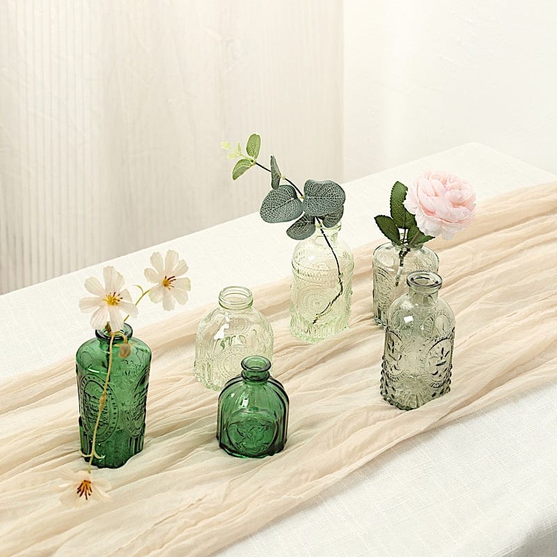 6 Amber Gold Glass Flower Vases with Embossed Vintage Design