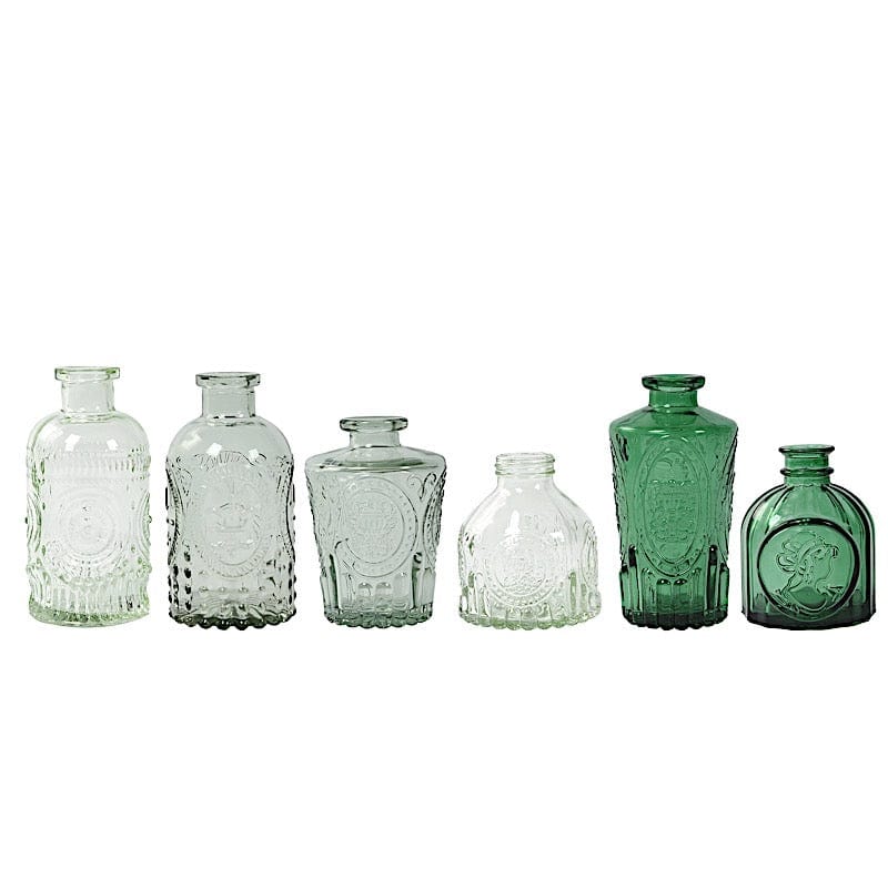 6 Amber Gold Glass Flower Vases with Embossed Vintage Design