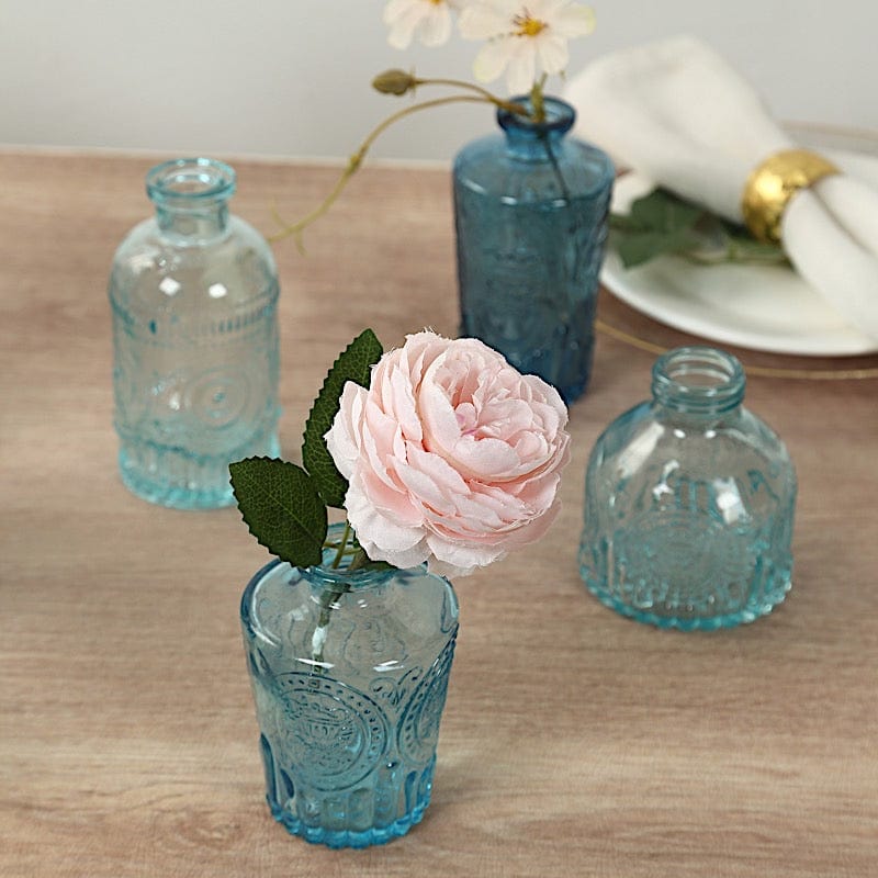 6 Amber Gold Glass Flower Vases with Embossed Vintage Design