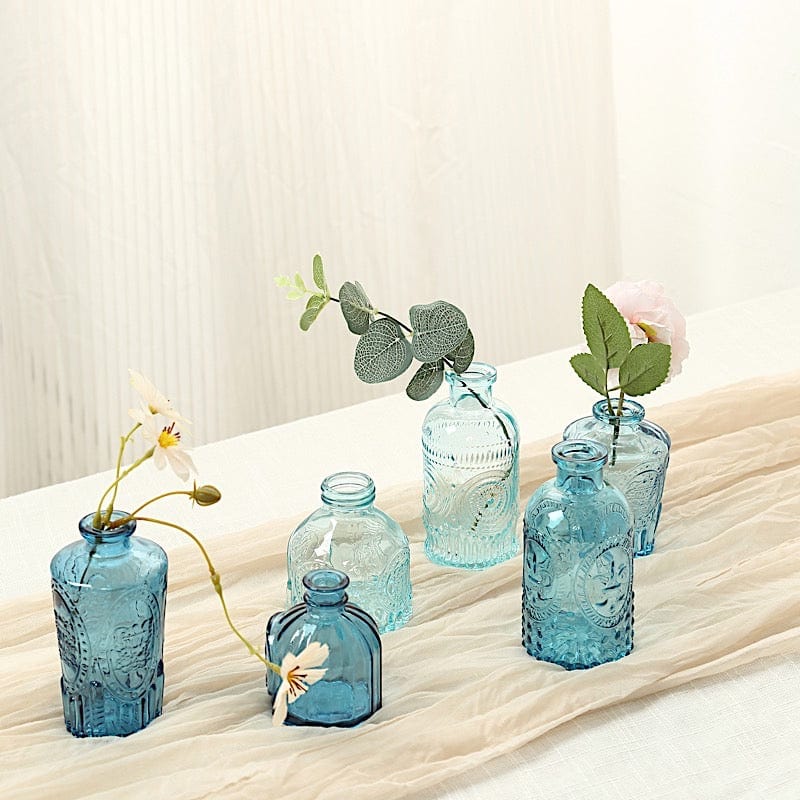 6 Amber Gold Glass Flower Vases with Embossed Vintage Design