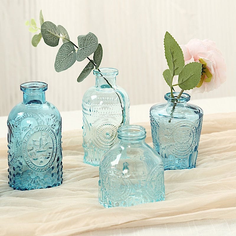 6 Amber Gold Glass Flower Vases with Embossed Vintage Design