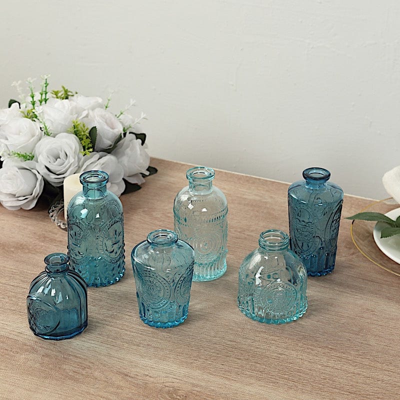 6 Amber Gold Glass Flower Vases with Embossed Vintage Design