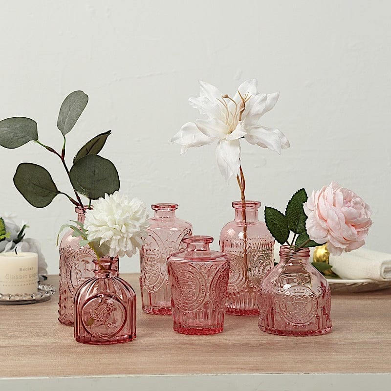 6 Amber Gold Glass Flower Vases with Embossed Vintage Design