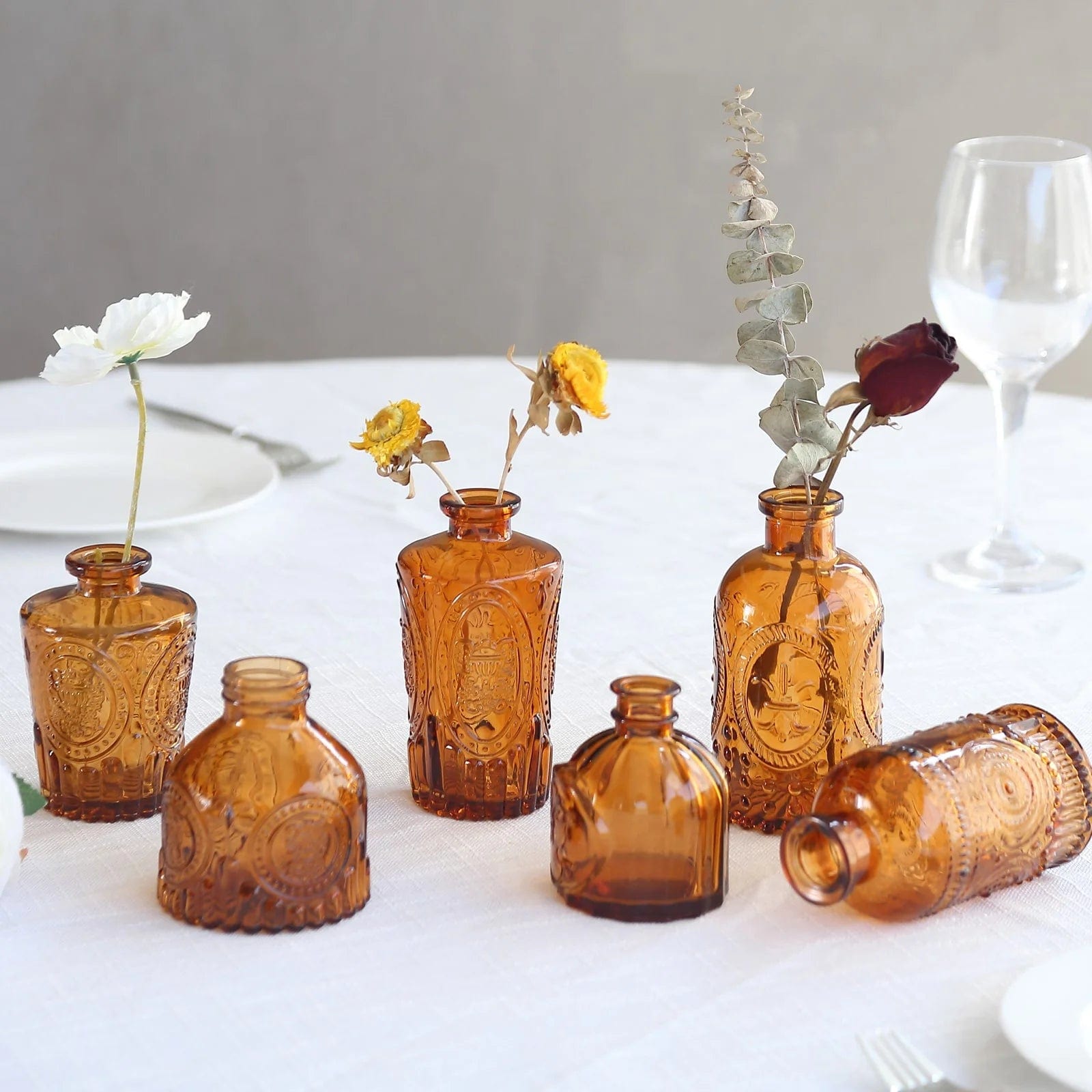 6 Amber Gold Glass Flower Vases with Embossed Vintage Design