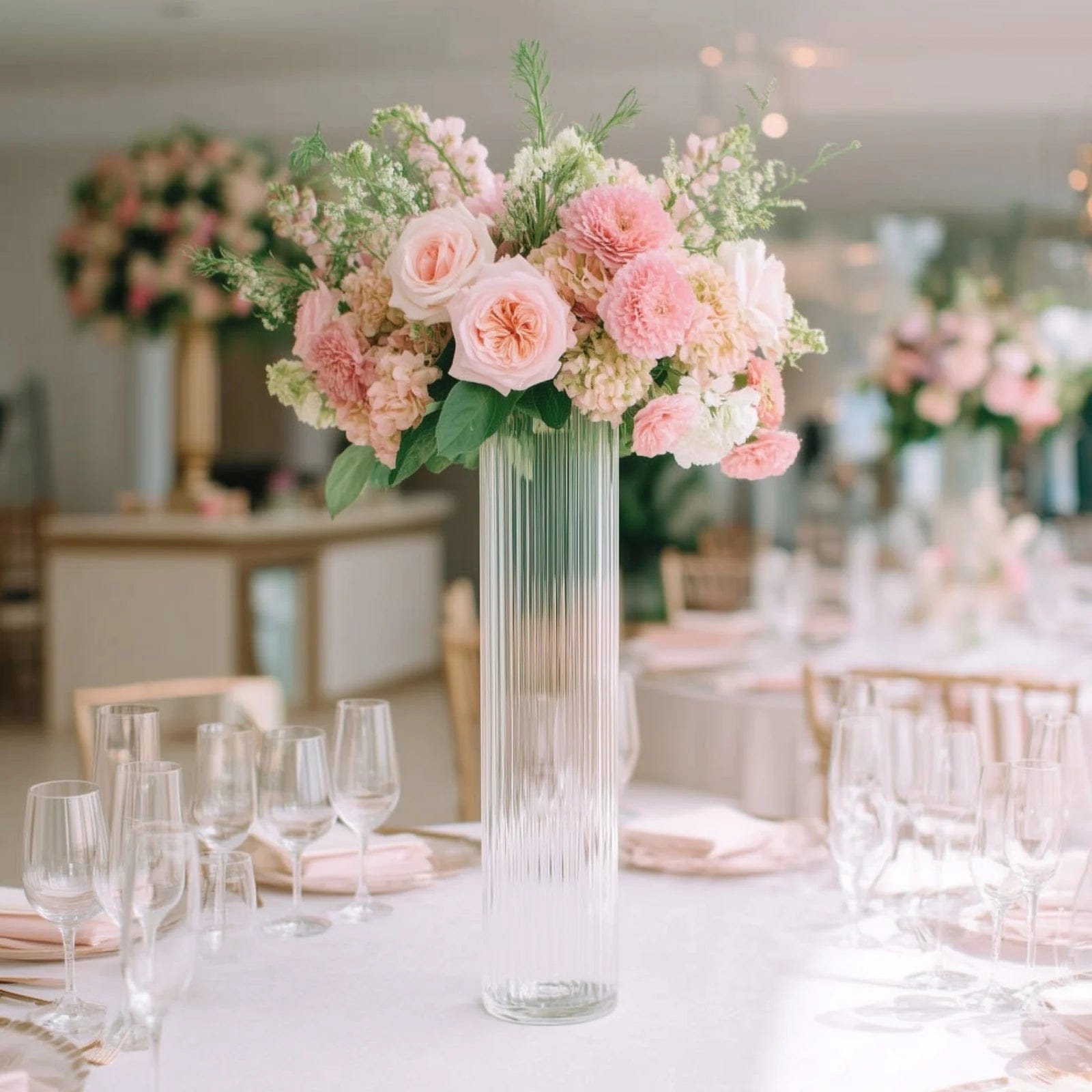 6 Clear Ribbed Cylinder Glass Vases Centerpieces