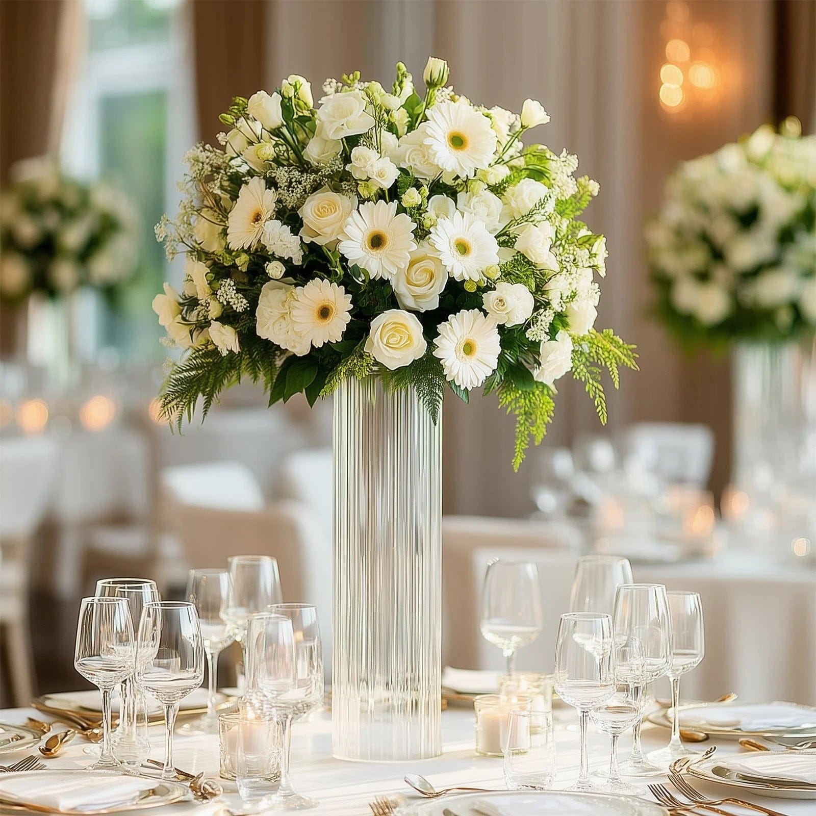 6 Clear Ribbed Cylinder Glass Vases Centerpieces