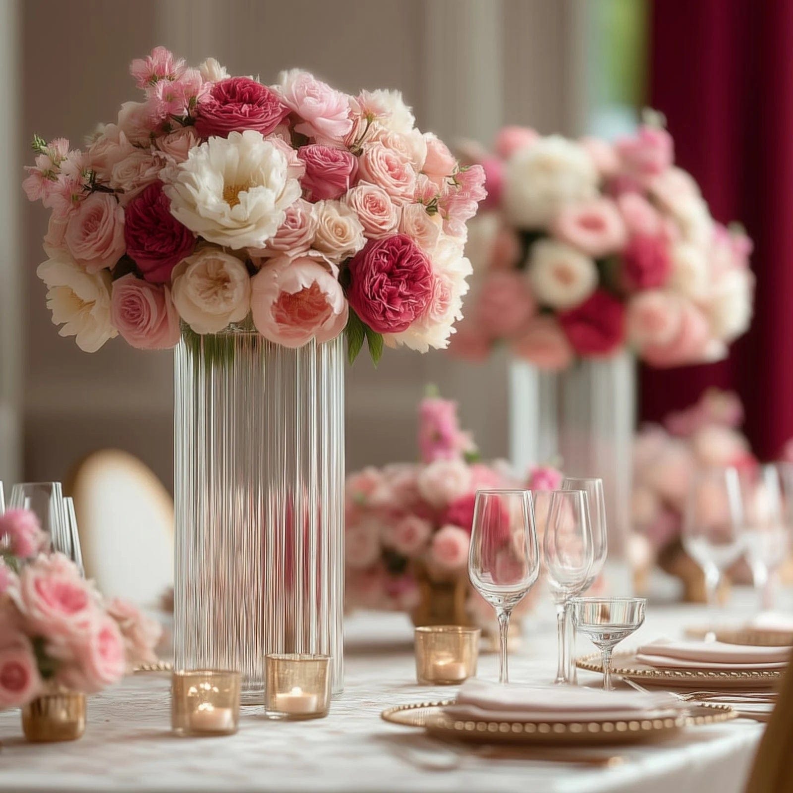 6 Clear Ribbed Cylinder Glass Vases Centerpieces