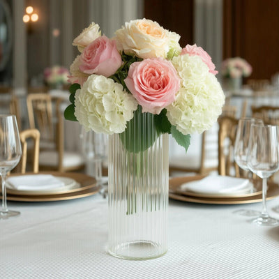 6 Clear Ribbed Cylinder Glass Vases Centerpieces