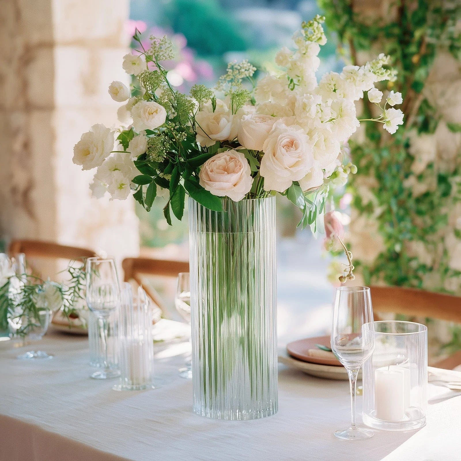 6 Clear Ribbed Cylinder Glass Vases Centerpieces