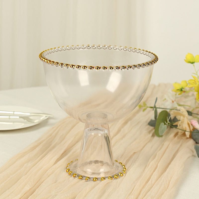 8 in Clear Compote Pedestal Bowl Flower Vase with Gold Beaded Rim