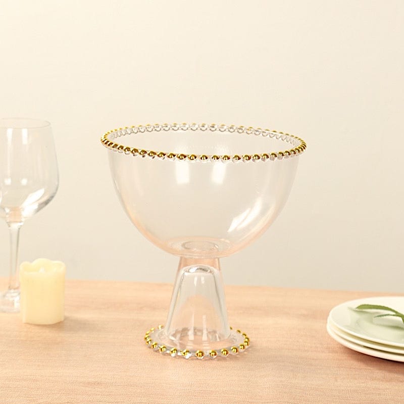 8 in Clear Compote Pedestal Bowl Flower Vase with Gold Beaded Rim