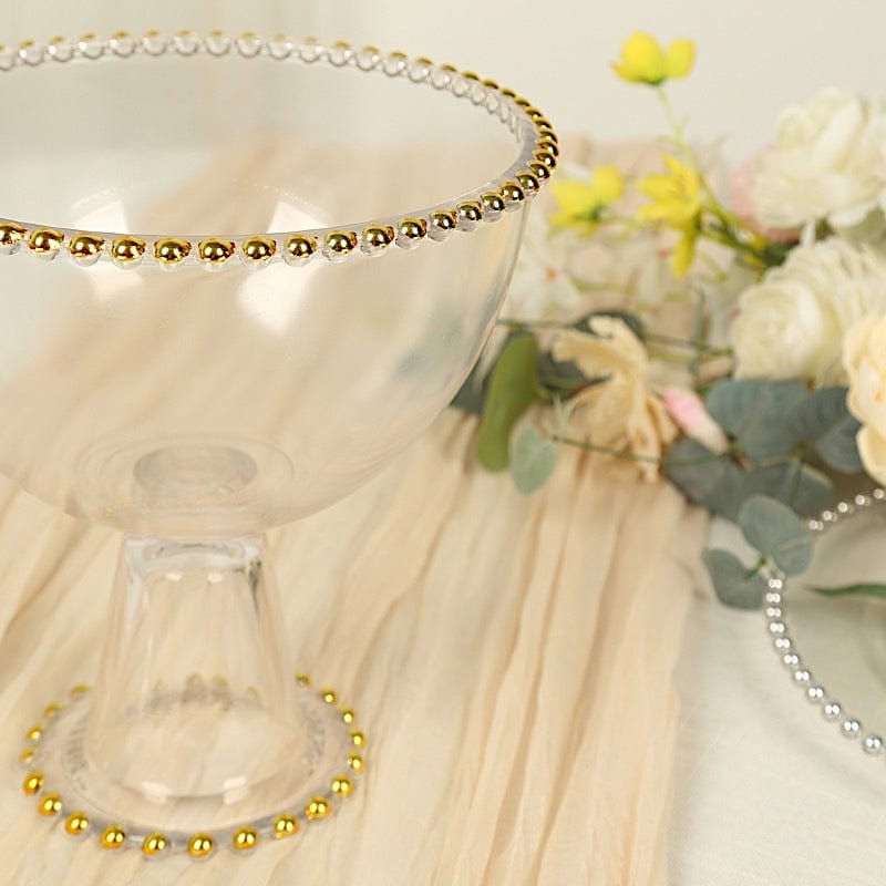 8 in Clear Compote Pedestal Bowl Flower Vase with Gold Beaded Rim