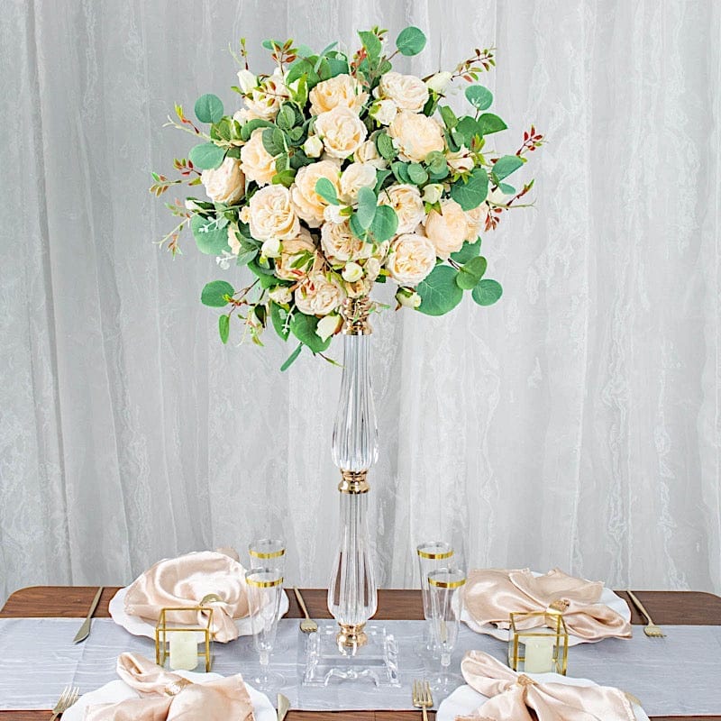 Gold Metal with Clear Acrylic Crystal Pillar Candle Holder Flower Ball Pedestal Stand