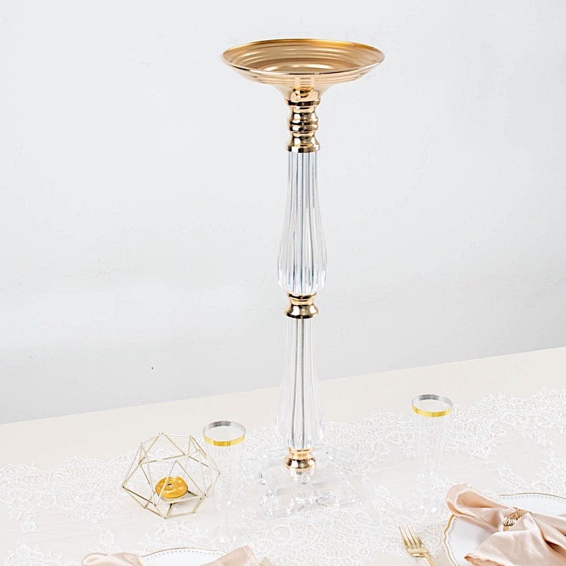 Gold Metal with Clear Acrylic Crystal Pillar Candle Holder Flower Ball Pedestal Stand
