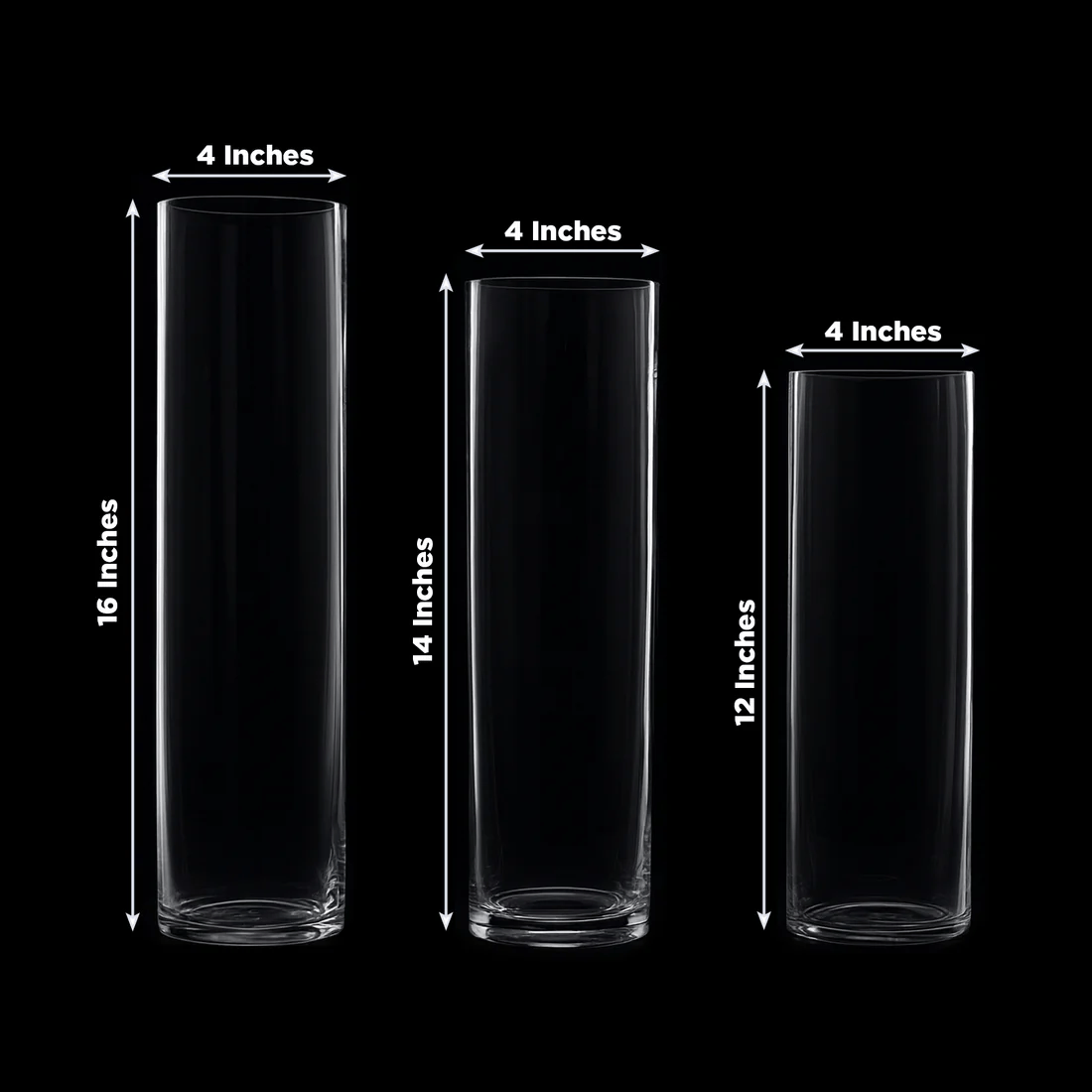 Set of 12 in, 14 in, 16 in Clear Premium Glass Cylinder Vases Centerpieces