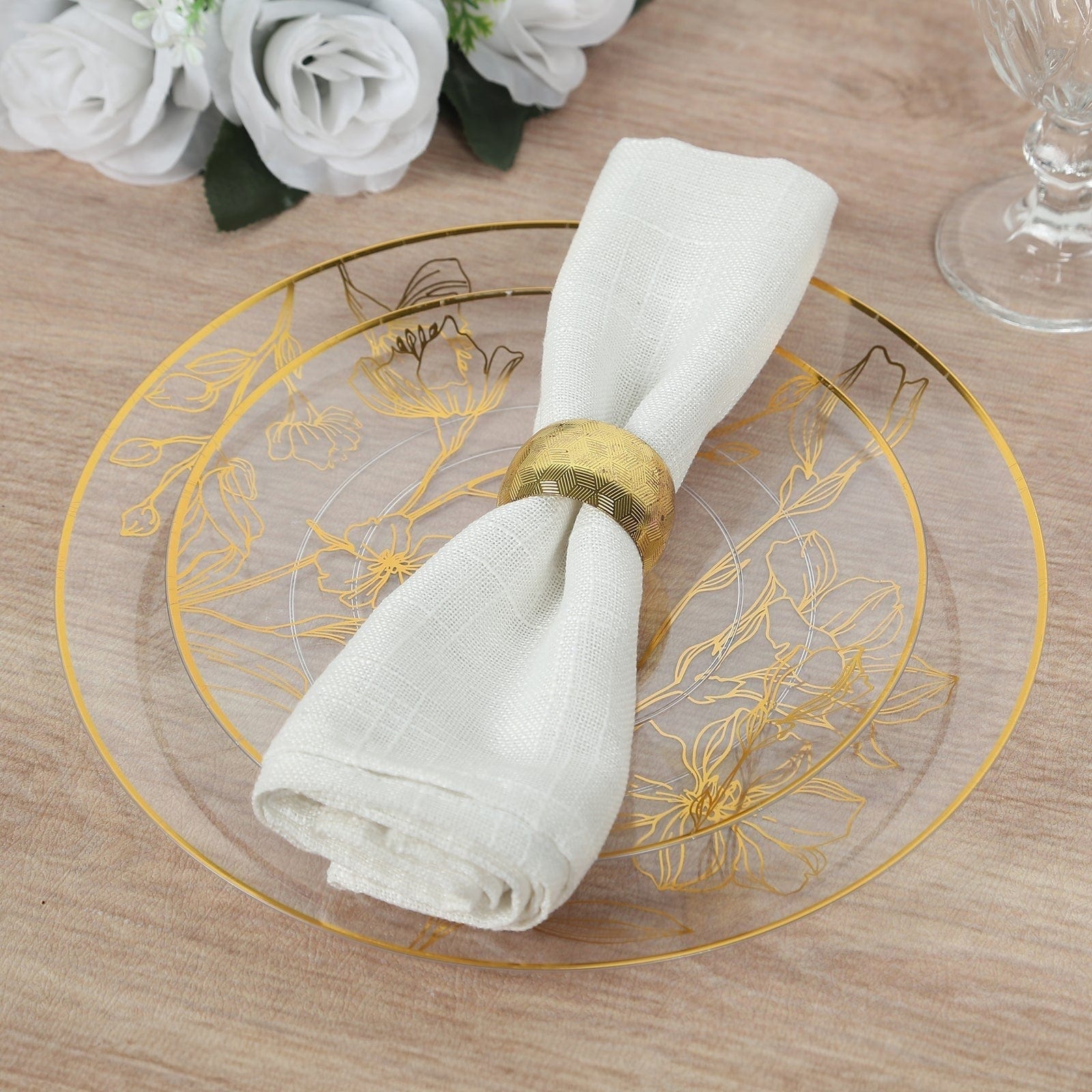 20 Round Disposable Salad and Dinner Plastic Plates with Gold Floral Design