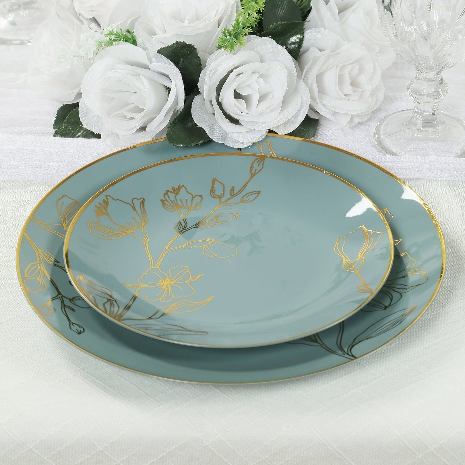 20 Round Disposable Salad and Dinner Plastic Plates with Gold Floral Design